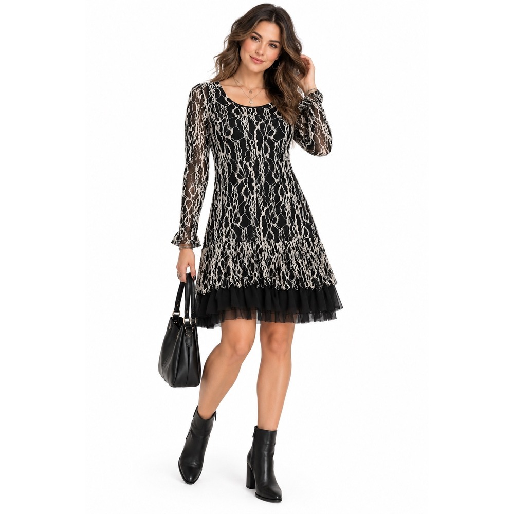 A'reve Black Ivory Lace Long Sleeve Ruffle Hem Mini Dress Embroidered Victorian